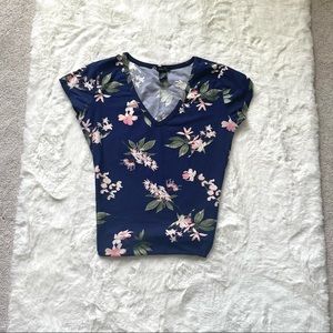 V Neck Floral Blue Shirt